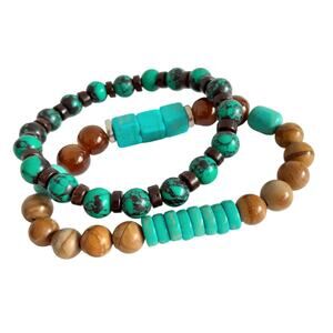 Vintage Beaded Stretch Bracelets Set Brown & Blue Natural Stone Bracelet Stack